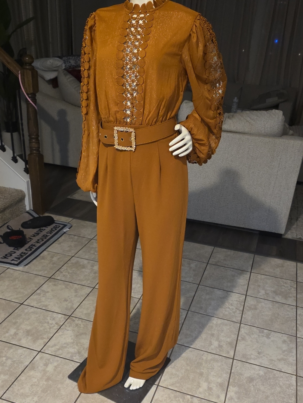 Wide-Leg Jumpsuit with Decorative Belt in Mustard